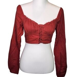 LA Hearts Rust Red Lace Up Front Smocked Back Milkmaid Crop Top Womens XS
